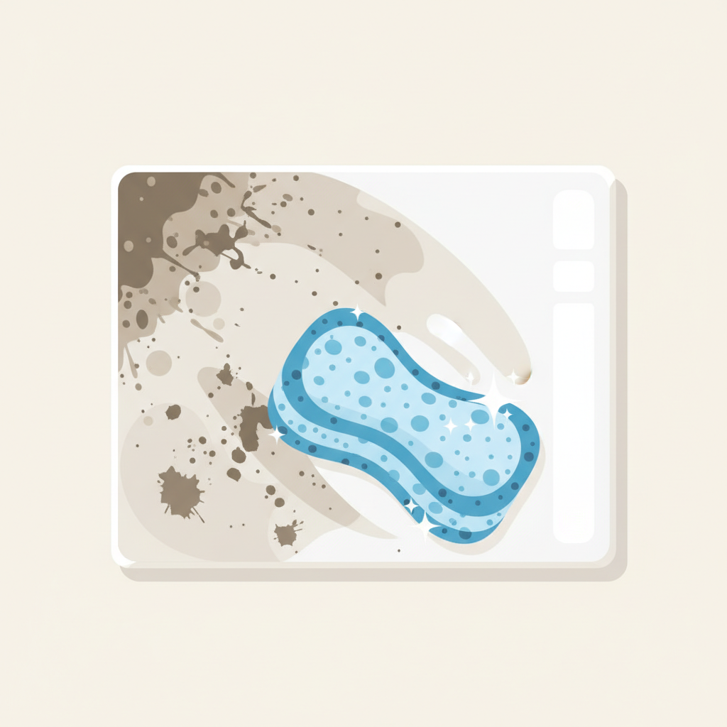 A vibrant, clean flat illustration depicting a ceramic tile surface undergoing a transformation. One half of the tile is visibly covered in various dark stains like dirt, light grease smudges, and general dullness, while the other half is pristine, sparkling clean and bright. A generic cleaning tool, like a brush or sponge, is shown gently sweeping across the surface, creating a clear and satisfying demarcation between the dirty and clean areas, highlighting the effectiveness of the cleaning process.