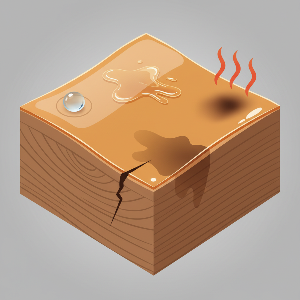 A detailed, stylized diagram or infographic illustration depicting a cross-section of a lacquered wooden surface. Around and interacting with the wood, visualize various elements causing dark stains: a clear water droplet forming a subtle dark ring, a faint, translucent oil spill beginning to penetrate, a tiny scratch revealing a darker core of wood, and a subtle wave indicating heat damage. The visual should be clean and informative, using distinct, non-literal representations for each cause, emphasizing how they affect the lacquered layer.