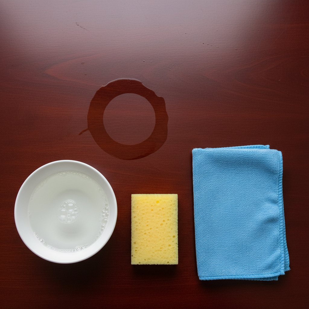 A professional, bright top-down photograph or realistic illustration of a segment of a lacquered wooden table. The focus is on a prominent, dark water stain or ring clearly visible on the polished surface. Adjacent to the stained area, neatly arranged on the wood, are preparatory cleaning items: a soft, folded microfiber cloth, a small, elegant bowl containing clear soapy water, and perhaps a pristine sponge. The scene conveys a sense of readiness and meticulous care before a cleaning process.