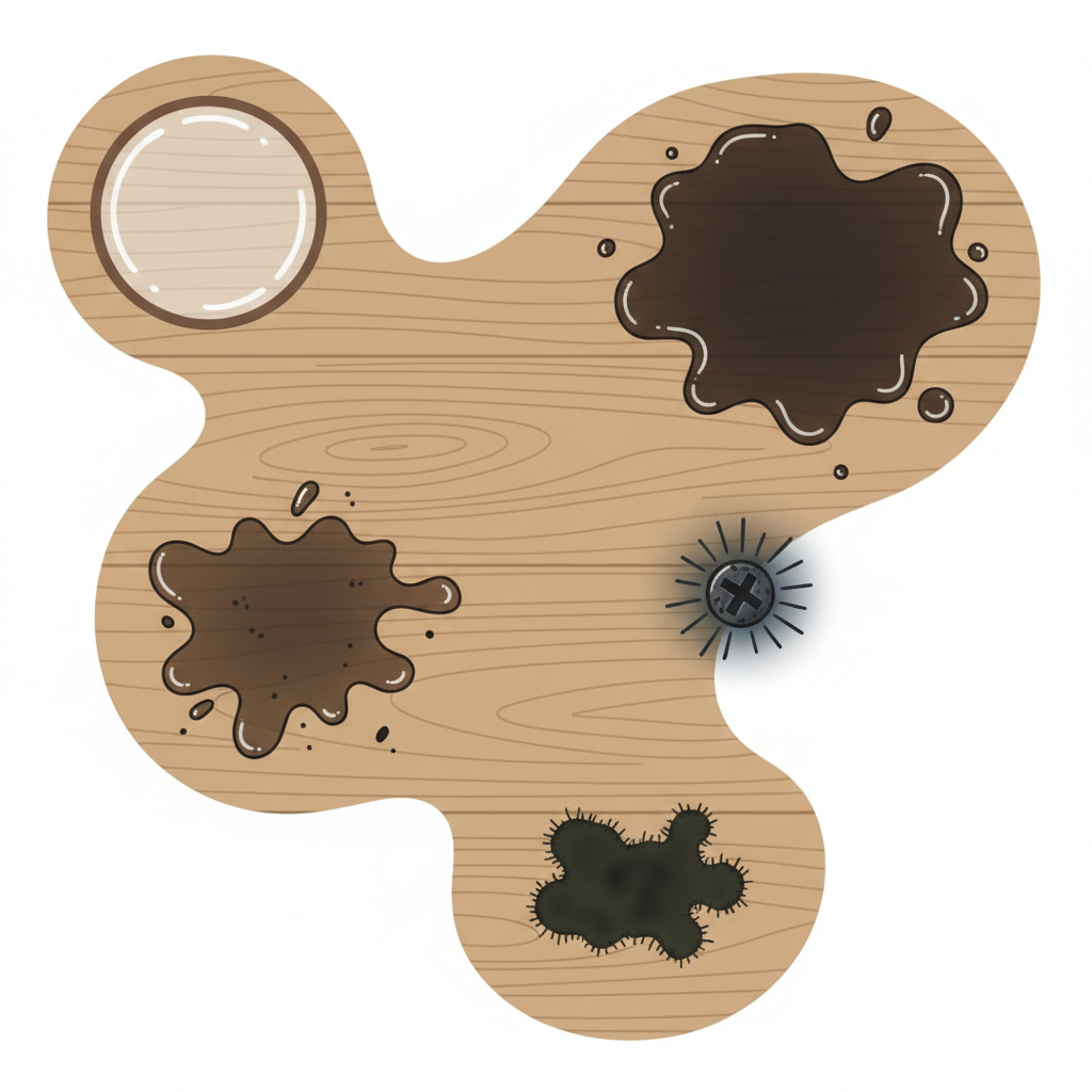 A detailed flat illustration depicting a light-brown wooden surface, like a tabletop, conceptually divided into multiple zones. Each zone visually illustrates a different common cause of dark wood stains: one shows a condensation ring from a glass, another a grease stain from spilled food, a third features a dark reaction mark from a metal object (e.g., a screw), a fourth displays a spilled dark liquid like coffee, and a fifth shows a small patch of dark mold growth. The overall scene should be clean and informative, highlighting the distinct appearance of each stain type against the wood grain.