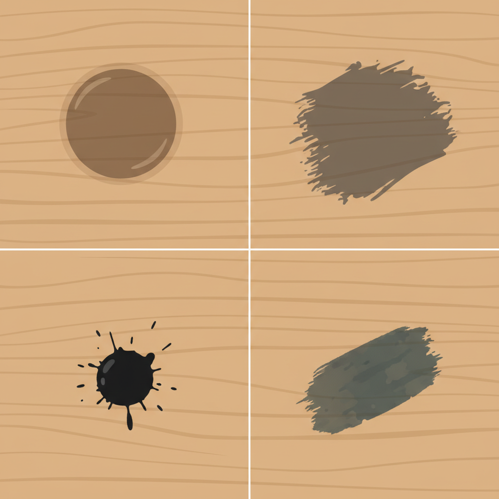 A detailed flat illustration depicting a close-up, top-down view of a light oak wooden surface. The surface is cleanly divided into multiple sections, each showcasing a distinct type of dark stain. Include a circular dark water stain, a smudged dark grease mark, a small concentrated dark ink blot, and a subtle dark discoloration indicative of a metal reaction. The illustration should emphasize the varied appearances of the stains against the warm wood grain, utilizing a clear, infographic style with smooth lines and minimal shadows for visual clarity.