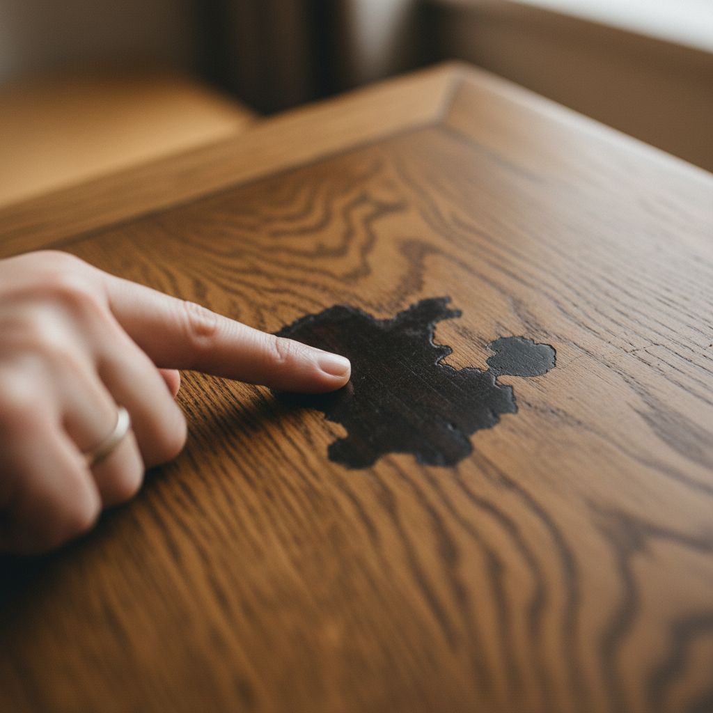 A professional, close-up photograph with a shallow depth of field, focusing on a section of a richly-grained wooden surface, such as an antique desk or floorboard. A prominent, irregularly shaped dark stain is clearly visible on the wood. A human hand, with clean, well-groomed fingers, is gently reaching towards or pointing at the stain, suggesting careful examination and identification of the problem area. The lighting should be soft and natural, emphasizing the texture of the wood and the contrast of the dark stain, conveying a sense of thoughtful observation before any treatment begins.