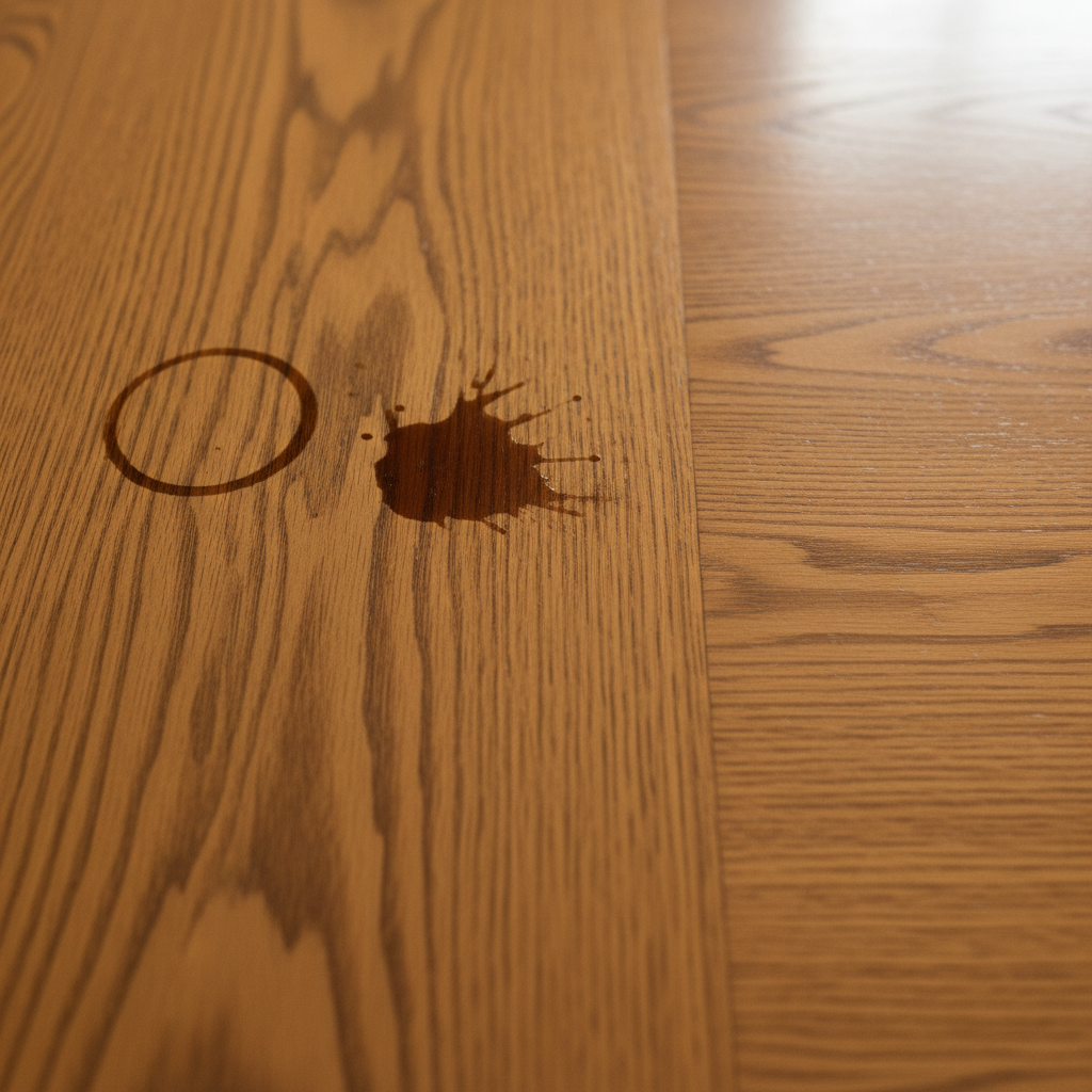 A professional photo, close-up on a warm, polished wooden dining table surface. The rich grain of the wood is visible, showcasing its natural beauty. Prominently featured are several distinct dark stains: a dark, circular water ring, a deep brown coffee spill mark, and a subtle, dark greasy smudge. One area of the table should appear perfectly clean and gleaming, providing a stark contrast to the stained sections. The overall mood should be slightly problematic but hopeful, highlighting the article's core issue and the potential for restoration.