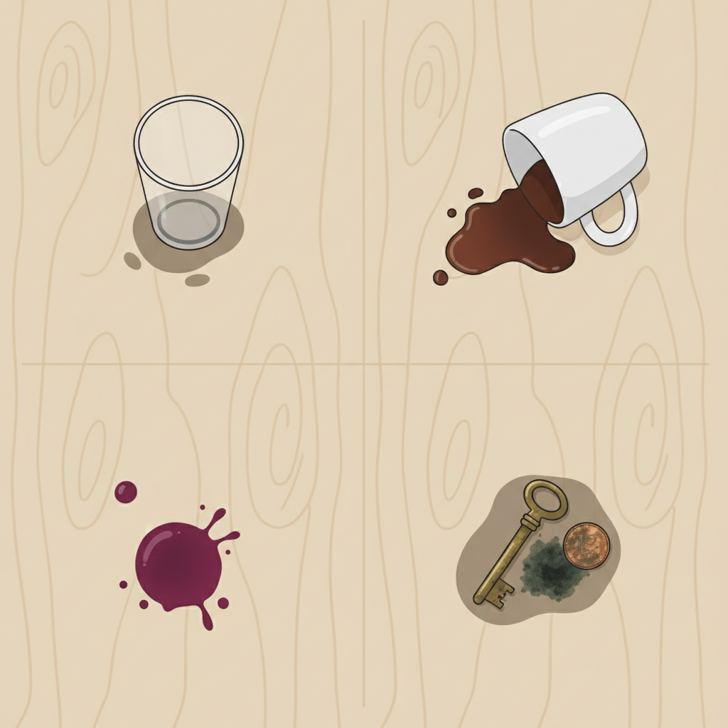 A flat illustration, top-down view, depicting a stylized segment of a light-colored wooden table. This segment is visually divided into several distinct areas, each illustrating a different cause of dark stains. One area shows a clear glass with a visible dark water ring beneath it. Another area features a tipped coffee cup with a dark brown spill spreading. A third shows a small drop of red wine creating a deep purple stain. A fourth area depicts a metal object (like a key or a small coin) resting on a damp patch, forming a dark oxidation mark. The overall style should be clean, informative, and visually distinct for each stain type.