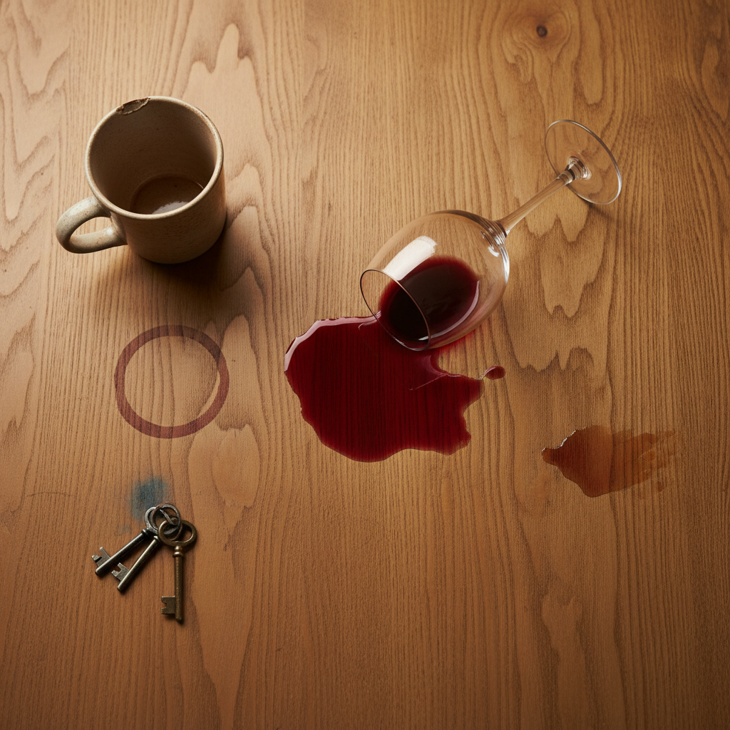 A top-down, slightly angled view of a beautiful, warm-toned wooden table surface. Various common household items are depicted, each leaving a distinct dark stain beneath it or next to it. Illustrate a freshly spilled glass of red wine creating a deep red stain, a coffee mug leaving a dark circular ring, a small metal key bundle resting on a faint dark oxidation spot, and a subtle dark smudge from a grease stain. The rich wood grain should be clearly visible, showing the contrast between the clean wood and the different types of dark imperfections. The overall style should be a professional, slightly warm, realistic photograph suitable for a home improvement blog.