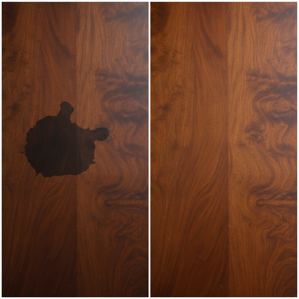 A compelling split-screen or side-by-side comparison image showcasing the transformation of a wooden table surface. On the left panel, a section of a richly grained wooden table exhibits a noticeable, deep dark stain, perhaps a prominent water ring or a large, irregular dark patch, clearly marring its beauty. On the right panel, the identical section of the wooden table is pristine, completely free of the dark stain, revealing the restored natural luster and intricate grain of the wood. The style should be a clean, high-resolution, professional photograph with balanced, natural light, emphasizing the successful removal and restoration process.