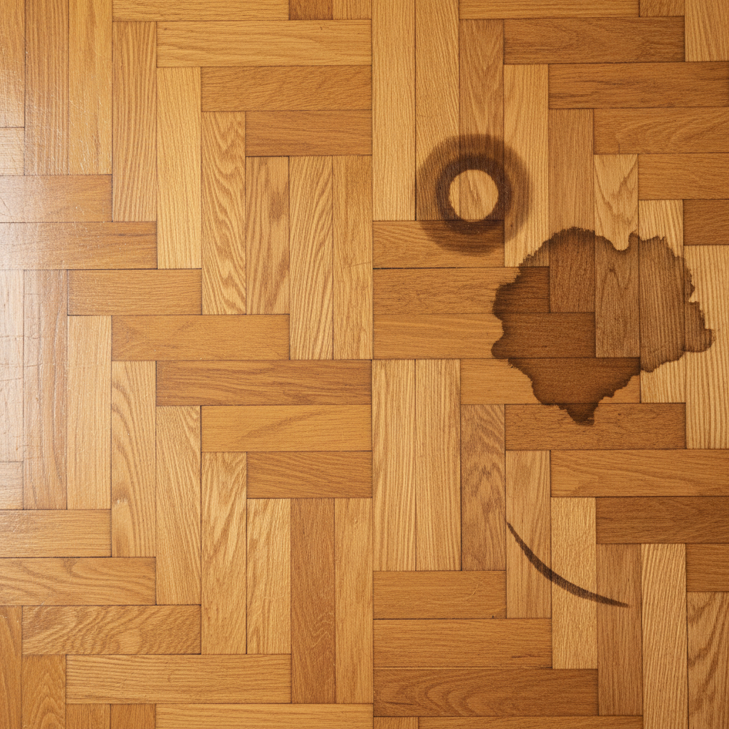 A top-down professional photo of a warm, rich-toned parquet floor section, meticulously clean on one side, transitioning to an area displaying various distinct dark stains. Clearly depict a dark, circular water ring stain, a more abstract, dark chemical-induced discoloration, and a subtle dark scuff or abrasion mark. The floor should show visible wood grain and texture, with the stains clearly contrasted against the clean wood, illustrating common problems without being overly dramatic. The lighting should be soft and even, highlighting the realistic appearance of the wood and the diverse nature of the damage.