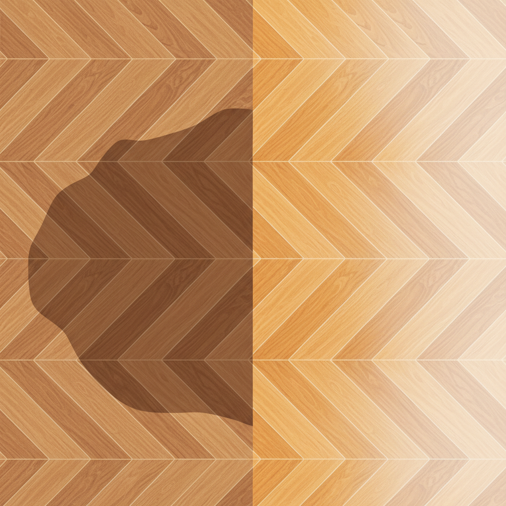A flat illustration depicting a conceptual 'before and after' transformation of a parquet floor section. On the left side, a prominent dark, deep stain (e.g., a large water ring or pet-related stain) is clearly visible on the parquet. On the right side, the exact same section of parquet appears completely clean, restored, and gleaming, with no trace of the dark stain. A subtle, bright, glowing effect emanates from the restored section, symbolizing cleanliness and renewal. The illustration should use a clean, modern aesthetic with clear lines and natural wood tones, emphasizing the successful removal and restoration process.