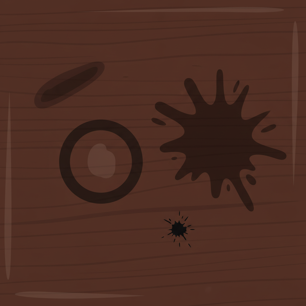 A close-up illustration of a section of a rich, dark brown varnished wooden surface, perhaps a tabletop or floorboard. Scattered across its glossy sheen are several distinct dark blemishes: a prominent circular water stain leaving a dark ring, a sprawling dark, oily smudge, a small, aggressive dark spot representing chemical damage, and a subtle dark imprint where a metal object once rested. The surrounding wood maintains its polished appearance, emphasizing the imperfections. Style: Detailed flat illustration with subtle textures and clean lines.