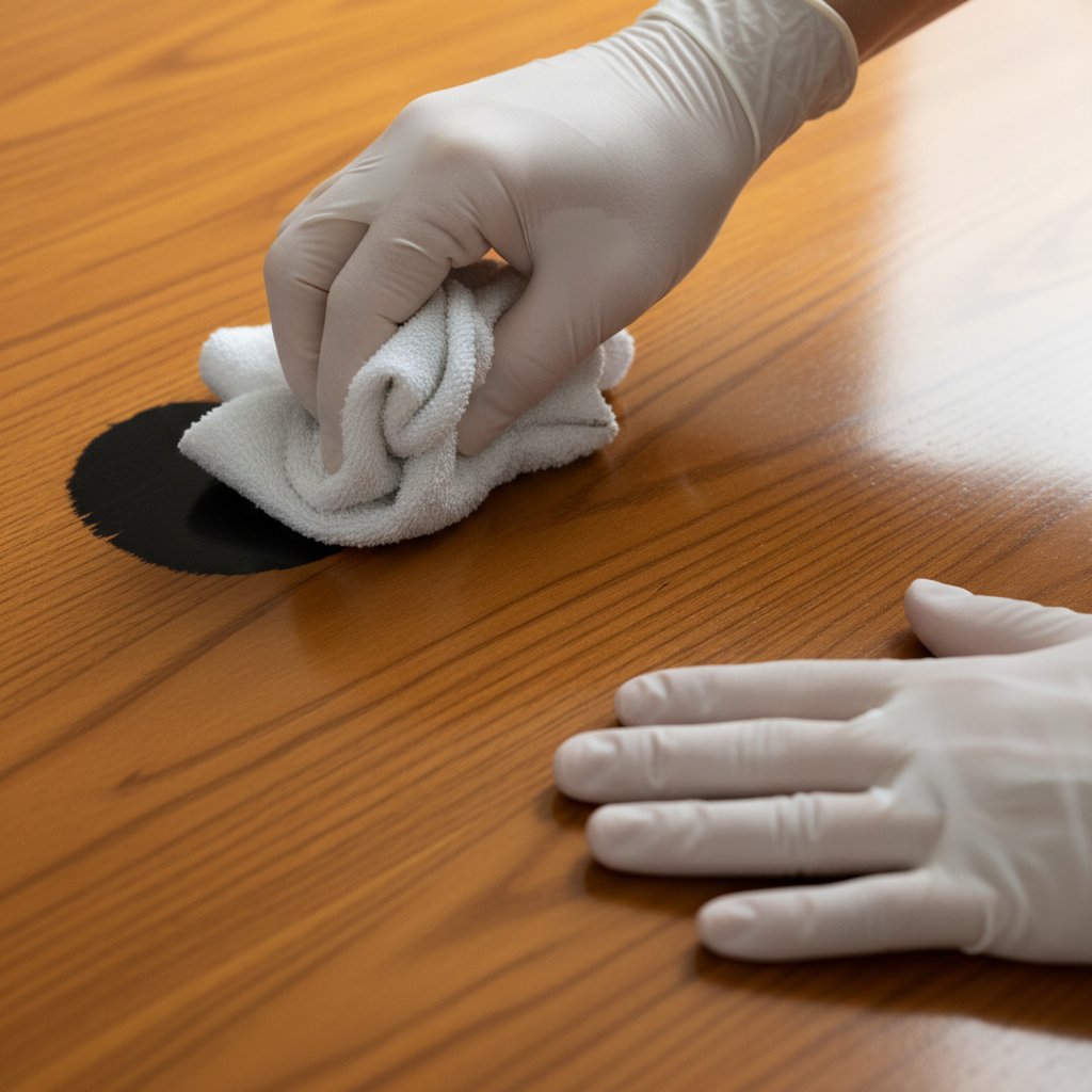 A close-up, professional photograph of gloved hands meticulously attending to a dark stain on a section of a varnished wooden tabletop. One hand gently dabs or wipes the blemish with a soft, clean cloth, while the other supports the wood. The immediate area around the stain shows a clear difference, transitioning from a stubborn dark mark to a beautifully restored, glossy wood surface. Soft, diffused lighting enhances the texture of the wood and the careful action. Style: Realistic, well-lit professional photograph.