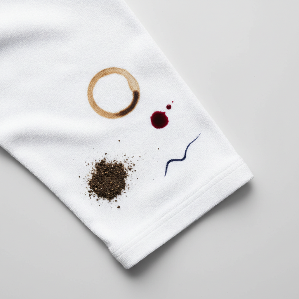 A close-up, high-angle studio shot of a pristine, soft white cotton fabric (e.g., a shirt sleeve or towel corner) artfully splattered with several distinct dark stains. Visualize a dark coffee ring, a small blob of red wine, a smudge of dark mud or dirt, and a faint dark ink line. The white fabric should look impeccably clean and inviting, emphasizing the stark visual contrast with the challenging and frustrating dark marks. The lighting should be bright and even, highlighting texture and detail.