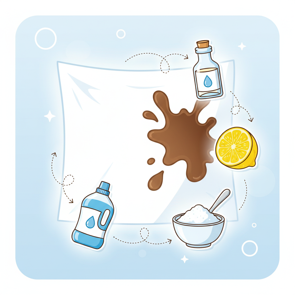 An inviting, infographic-style illustration depicting the general concept of stain removal from white laundry. The central focus is a piece of white fabric, visibly clean on one side but featuring a prominent dark stain (e.g., a coffee splash) on the other. Around the stained area, various common household cleaning aids are depicted symbolically, such as a small bottle of white vinegar, a fresh lemon half, a bowl of baking soda, and a generic bottle of liquid laundry detergent. The composition should convey a sense of hope and effective solutions against stubborn stains, with clean lines and bright, reassuring colors.