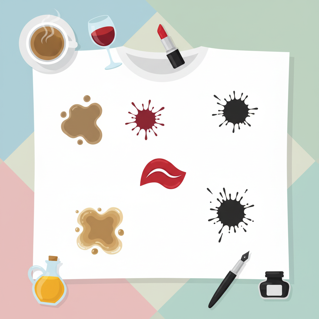 A clean, crisp white fabric, possibly a t-shirt or tablecloth, is spread out, prominently displaying several distinct, dark stains. These stains include a brown coffee spill, a deep red wine splash, a dark red lipstick smudge, a black ink blot, and a greasy oil stain. Surrounding the fabric, without touching it, are the items that typically cause these stains: a steaming coffee cup, a glass of red wine, a lipstick tube, an open fountain pen, and a small oil cruet. The overall aesthetic is a bright, clean flat illustration with a soft, inviting color palette, emphasizing the contrast between the pristine white and the dark blemishes.