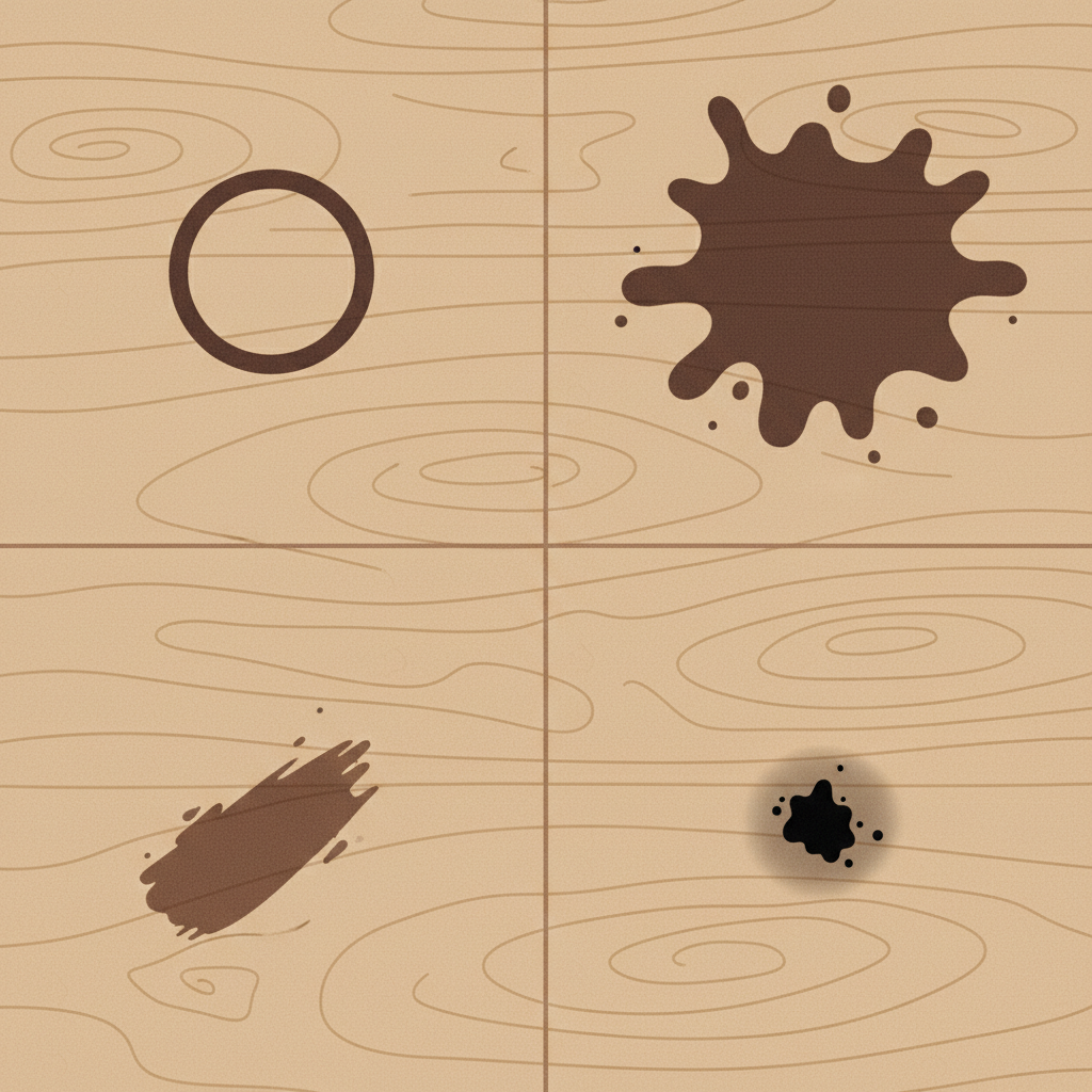 A close-up, top-down view of a light-colored wooden table surface. The surface is subtly divided into several distinct sections, each depicting a different common dark stain cause. One section shows a distinct dark ring from a glass, another shows a dark, spreading splotch from a liquid spill, a third features a subtle dark oily smear, and a fourth displays a small, intense black spot caused by a metal object reacting with moisture. The wood grain is visible and realistic. Flat illustration with a slightly textured finish, clean lines, and a muted color palette.