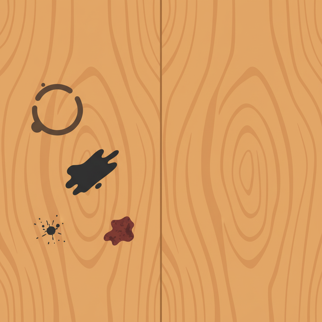 A clean, professional flat illustration depicting a smooth wooden surface, like a section of a tabletop or floorboard. The image is split, with one half showing the wood marred by various distinct dark stains: a prominent dark water ring, a greasy smudge, a reddish-brown rust spot, and a small, dark ink splatter. The other half shows the exact same wooden surface completely clean, restored to its original warm wood grain and smooth texture, devoid of any blemishes, signifying successful stain removal.
