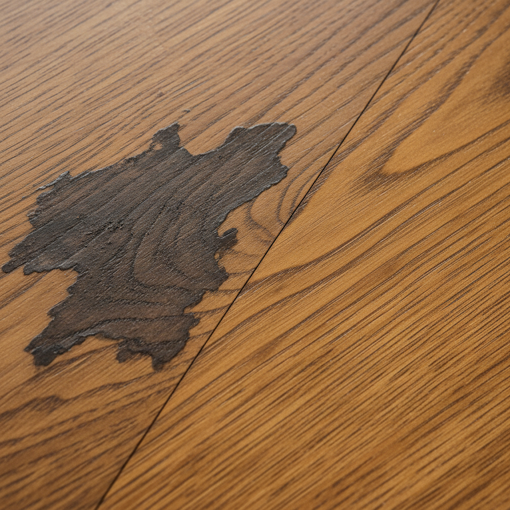A high-resolution, professional photo showcasing a beautifully restored wooden surface. A clear, sharp diagonal line cleanly divides the image. On one side, the wood is marred by a prominent, deep dark water stain, clearly showing discoloration and damage. On the other side of the line, the exact same wood grain is perfectly clean, rich in its natural color, and smoothly finished, highlighting the stark contrast and the successful removal of the stain. Professional photo, macro lens effect, natural daylighting, realistic and highly detailed.