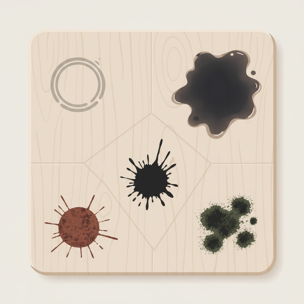 An infographic-style illustration presenting a light-colored wooden plank or cutting board, visually segmented into multiple distinct areas. Each area clearly demonstrates a specific type of dark stain: a subtle, dark water mark forming a ring, a deeper, irregular dark grease stain, a concentrated reddish-brown rust spot, a sharp, black ink blot, and a patch of scattered, dark, fuzzy mold spots. The overall composition is clean and visually distinct for each stain type.