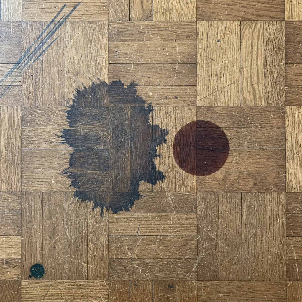 A close-up, top-down professional photo of a distressed parquet floor section. The image should vividly display various dark stains. Prominently feature a circular dark water stain, possibly from a spilled drink, and a larger, irregularly shaped dark patch suggesting prolonged moisture damage, like from a potted plant. Include a subtle, dark chemical reaction mark near where a metal furniture leg might have rested, and a thin, dark streak indicating rubber scuffing. The focus should be on the contrast between the natural wood grain and the problematic dark imperfections.
