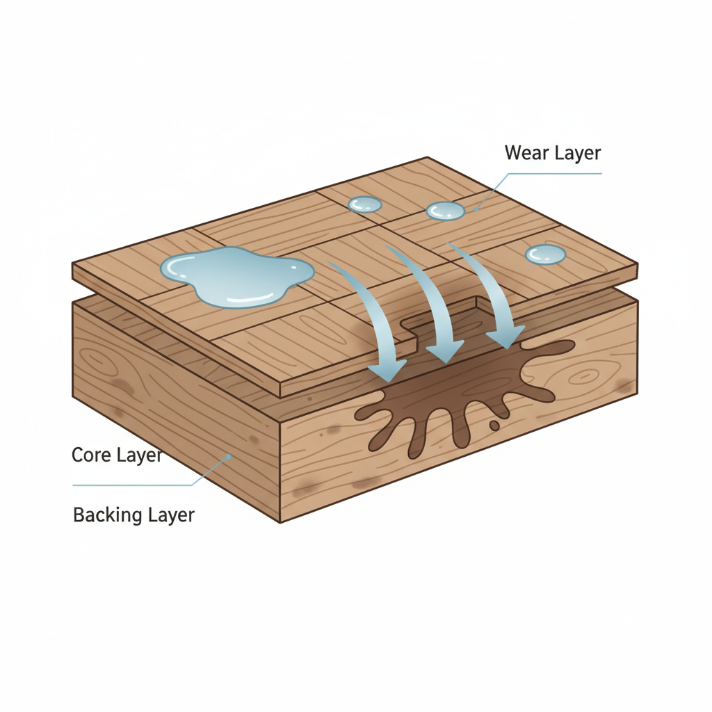 A detailed flat illustration in an infographic style depicting a cross-section of a parquet floorboard. The illustration should clearly show the layered structure of the wood. On the surface, depict a small pool of water or individual droplets. Use subtle arrows and shading to visually represent the moisture penetrating deep into the wood fibers. Within the deeper layers of the wood, illustrate a dark, spreading discoloration to symbolize the formation of deep-set stains, highlighting how moisture causes internal damage.