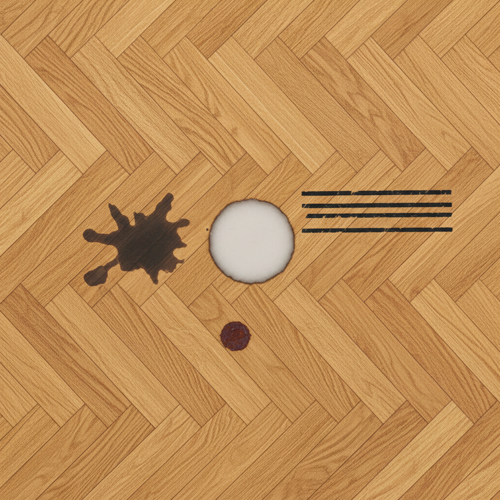 A professional, high-resolution photo showcasing a section of light brown parquet flooring. The image features multiple distinct dark stains: a prominent circular water ring, several thin black rubber scuff marks, a small reddish-brown rust spot, and a dark, amorphous oil stain. The wood grain should be clearly visible and appealing, contrasting sharply with the unsightly imperfections. The perspective is slightly overhead, capturing the floor's texture and the severity of the various stains. The overall mood conveys a common problem needing a solution.