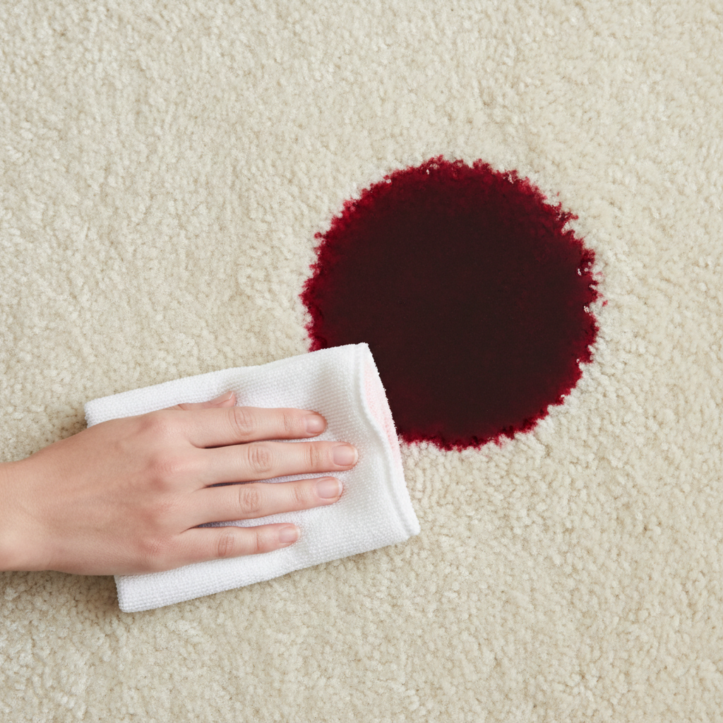 A close-up, top-down professional photo showing a pristine, plush light-beige carpet. A distinct dark red wine stain is visible on one section. A clean hand, holding a white, absorbent microfibre cloth, is gently dabbing the edge of the stain. The cloth should show a subtle hint of red absorption, illustrating the process of blotting without rubbing. The focus is sharp on the stain and cloth, with the rest of the carpet slightly soft-focused, emphasizing the cleaning action on a delicate surface.