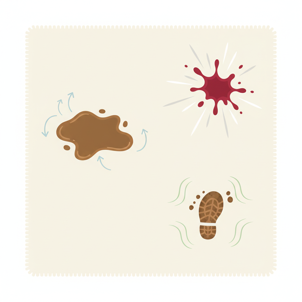 A clean and modern flat illustration depicting a segment of a bright, off-white carpet. On its surface, various distinct dark stains are artfully arranged: a spilled coffee puddle, a red wine splash, and a small muddy footprint. Each stain starkly contrasts with the light carpet background. Around these stains, subtle, illustrative elements like faint, upward-pointing arrows or soft, dissipating lines convey the idea of removal or cleaning, without explicitly showing cleaning tools or products. The overall style is minimalist and visually appealing for a blog.