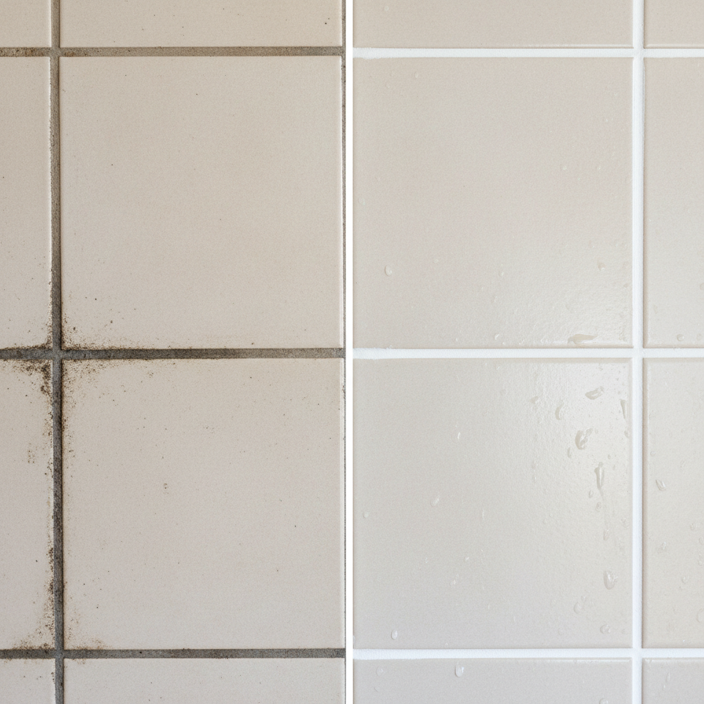 A close-up, eye-level shot of a tiled wall in a bathroom or kitchen, showcasing a dramatic 'before and after' effect. One half of the image features light-colored tiles with visibly dark, grimy, and stained grout lines, hinting at neglect. The other half displays the exact same tiles, but their grout lines are now sparkling white and perfectly clean, creating a striking contrast. The overall impression is one of effective restoration and cleanliness. Professional, high-resolution photo with natural lighting, focusing on textural detail and clarity.
