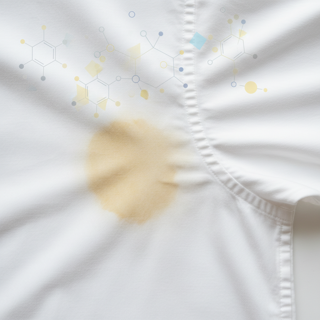 A close-up, high-angle professional photo of the underarm area of a crisp white cotton shirt, clearly showing a prominent, stubborn yellow-brown sweat stain. The fabric should appear slightly aged or discolored in that specific area, contrasting sharply with the bright white rest of the shirt. A subtle, almost translucent overlay of stylized, abstract chemical molecules (representing sweat proteins and aluminum compounds) should gently hover above the stain, suggesting the chemical reaction causing the discoloration without being overly literal. The overall mood should be informative and highlight the problem.