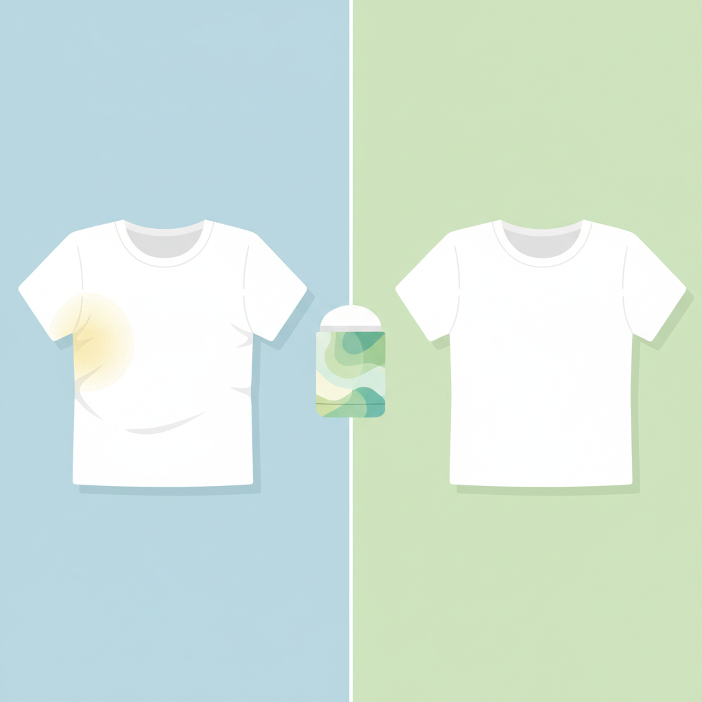 A vibrant flat illustration in a split-screen layout. On the left side, a pristine white t-shirt is depicted with a noticeable, dull yellow sweat stain under the armpit, conveying the problem of stubborn discoloration. On the right side, the exact same white t-shirt is shown impeccably clean, bright, and completely free of any stains, symbolizing successful stain removal or effective prevention. Between the two shirts, an abstract, stylized representation of a clean-ingredient or natural deodorant stick is placed, characterized by soft, fresh colors and a simple, organic shape, subtly suggesting a gentle solution or preventative measure without any textual elements.