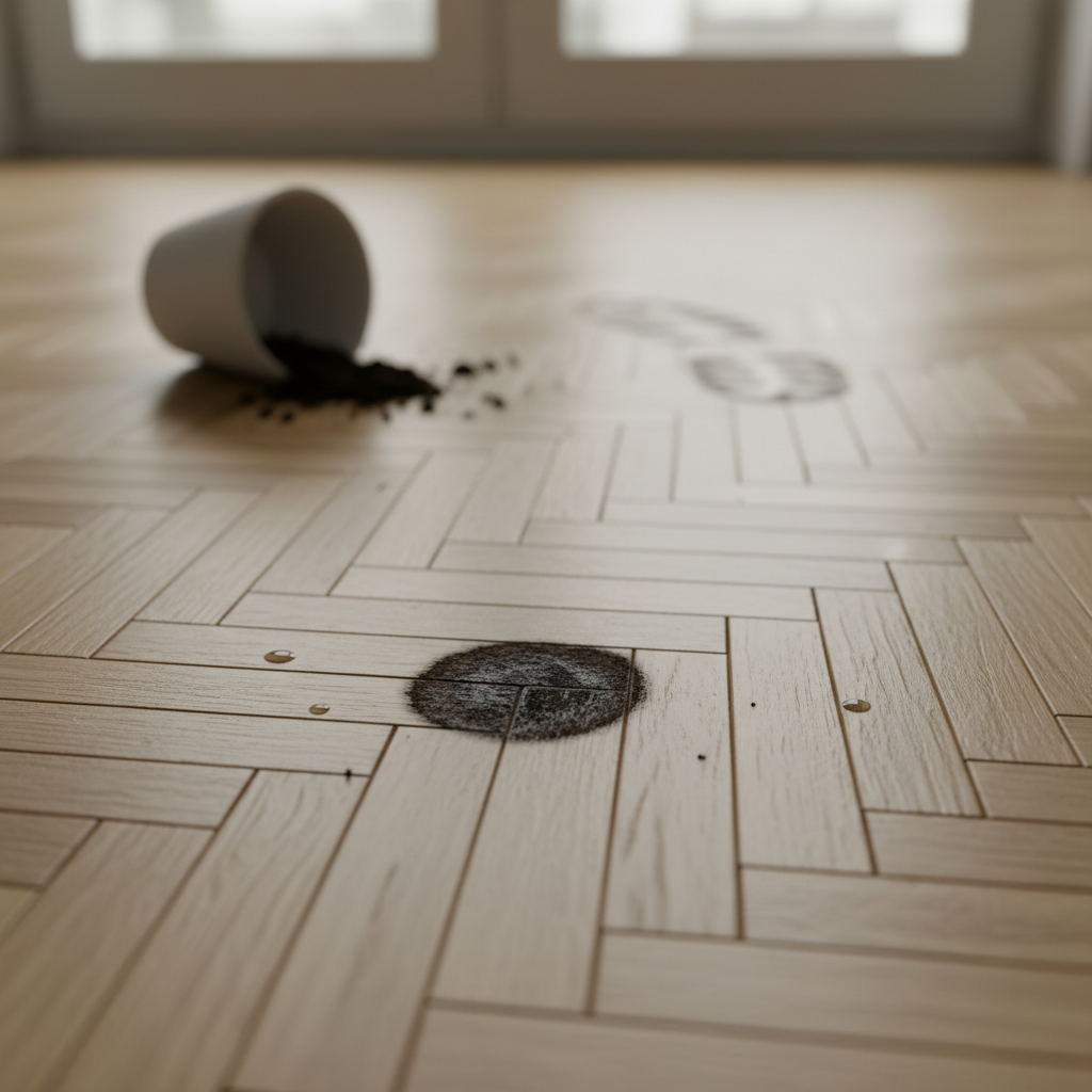 A professional, close-up photo of a section of light oak parquet flooring. The main focus is a prominent, dark, circular water stain deeply embedded in one of the wooden planks, showing a clear discoloration. Around the periphery of the image, subtly blurred, are elements hinting at common causes: a small, overturned ceramic plant pot with a few damp soil particles, a few glistening water droplets on the wood, and a faint, wet outline of a shoe print. The lighting is soft and natural, emphasizing the texture of the wood and the severity of the stain.