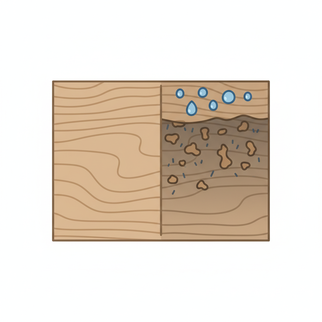 A clean, minimalist infographic-style illustration depicting a cross-section of a parquet floor plank. The left side of the plank shows healthy, light brown wood grain. The right side illustrates the process of water stain formation: small blue water droplets are shown penetrating the wood fibers. Deeper within this affected section, abstract representations of tannins (small, lighter brown, irregular shapes) and iron particles (tiny, dark grey specks) are shown reacting, causing the surrounding wood fibers to visibly darken. The overall style is clear, schematic, and uses a natural color palette.