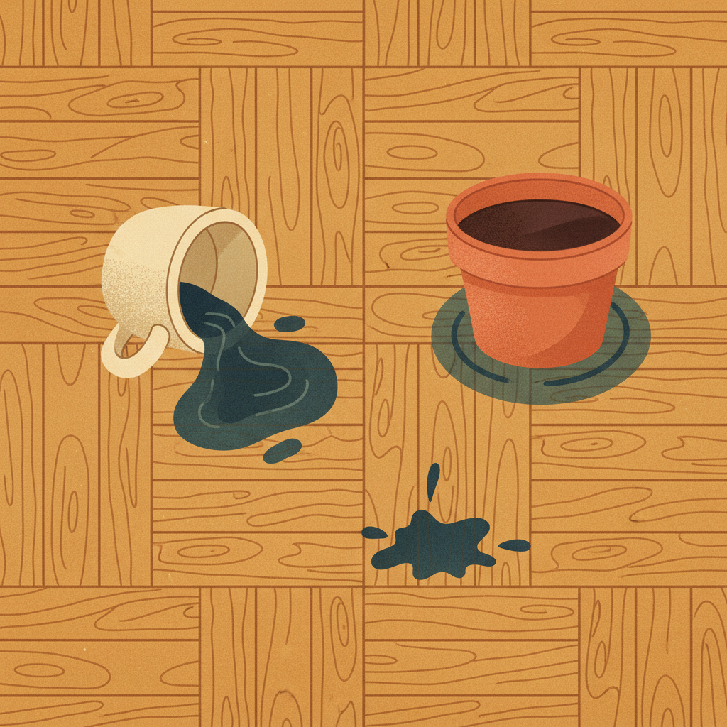 A vibrant, warm-toned flat illustration depicting a close-up section of a parquet floor. Various common causes of dark water stains are visually represented on the wooden surface. On one side, a tipped-over coffee cup spills dark liquid, creating a visible, dark circular stain seeping into the wood grain. Nearby, a terracotta plant pot sits on a small puddle of water, leaving a prominent dark ring mark on the parquet. Another smaller, subtle dark stain could be depicted from an abstract 'pet accident' splash. The overall scene should highlight the impact of liquid on the beautiful wood, emphasizing the problem.