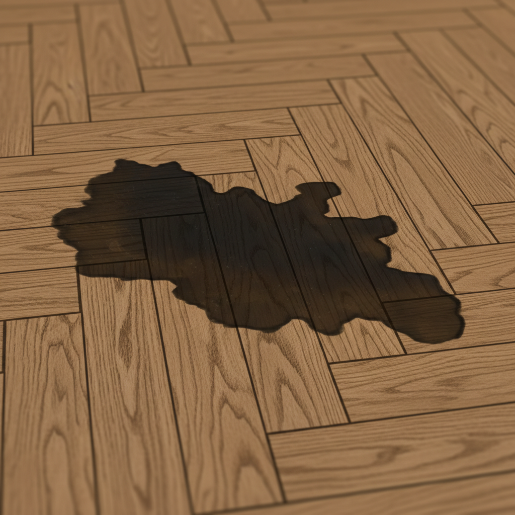 A detailed, realistic digital painting focusing on a dark water stain on a natural oak parquet floor. The illustration should offer a slightly angled, close-up perspective of the affected wooden planks. A prominent, irregularly shaped dark blotch, characteristic of an oxidized water stain, is clearly visible, contrasting sharply with the warm, untreated wood surrounding it. Subtle visual cues can suggest depth, showing the discoloration isn't just superficial but has penetrated the wood fibers, causing a deep, intrinsic darkening of the grain. The texture of the wood grain and the distinct dark hue of the stain should be rendered with high fidelity.