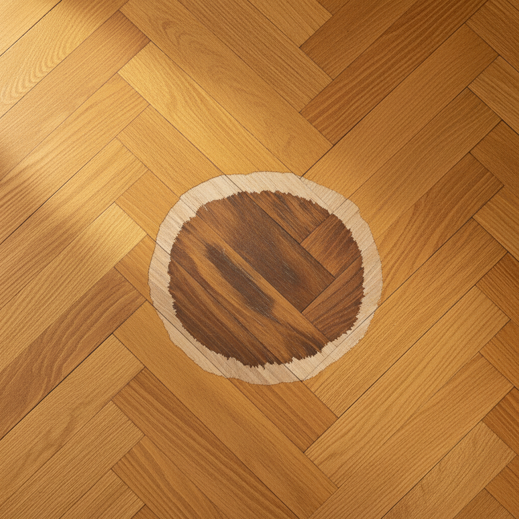 A high-resolution, slightly overhead shot focusing on a section of a beautiful, warm-toned parquet floor. In the center of the frame, a prominent, dark, roughly circular water stain disrupts the otherwise immaculate wood grain pattern. The edges of the stain should show subtle signs of absorption, and the surrounding wood should appear slightly lighter, highlighting the discoloration. The lighting should emphasize the texture of the wood and the depth of the stain, conveying a sense of damage and the need for restoration. Professional photo style.