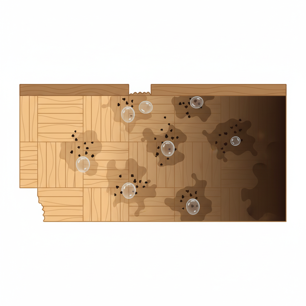 A conceptual, cutaway diagram illustrating the cause of dark water stains on wood. Show a magnified cross-section of a parquet wood plank. On one side, light brown wood cells are intact. Gradually, moving towards the center, small, clear water droplet shapes are shown penetrating the wood. Within the affected wood cells, abstract, darker particles (representing tannins) are visibly reacting with the water droplets, oxidizing and turning the surrounding wood fibers a much darker brown to black. This progression should visually explain the chemical process without text. Infographic style with clear, simplified elements.