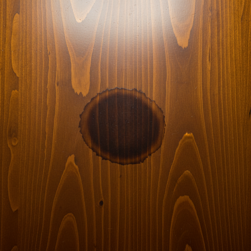 A close-up, high-resolution professional photo of a polished wooden tabletop. A distinct, dark, circular water stain mars the beautiful wood grain, contrasting sharply with the warm tones of the timber. The stain appears deep and absorbed, visually emphasizing the damage. The surrounding wood shows a clear, reflective finish, highlighting the imperfection caused by the moisture. The lighting is soft, enhancing the texture of the wood and the visible discoloration of the dark water ring.