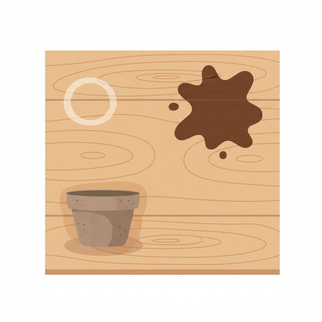 A clear, conceptual flat illustration depicting the common causes of dark water stains on a light wooden surface. The illustration features a stylized wooden tabletop. On one part, a subtle, light ring represents a condensation mark from a glass. In another section, an abstract splash shape indicates a spilled dark liquid (e.g., coffee). A small, simplified plant pot base with a faint damp outline also sits on the wood, illustrating another source. The overall image is clean and informative, visually explaining the origins of the stains.