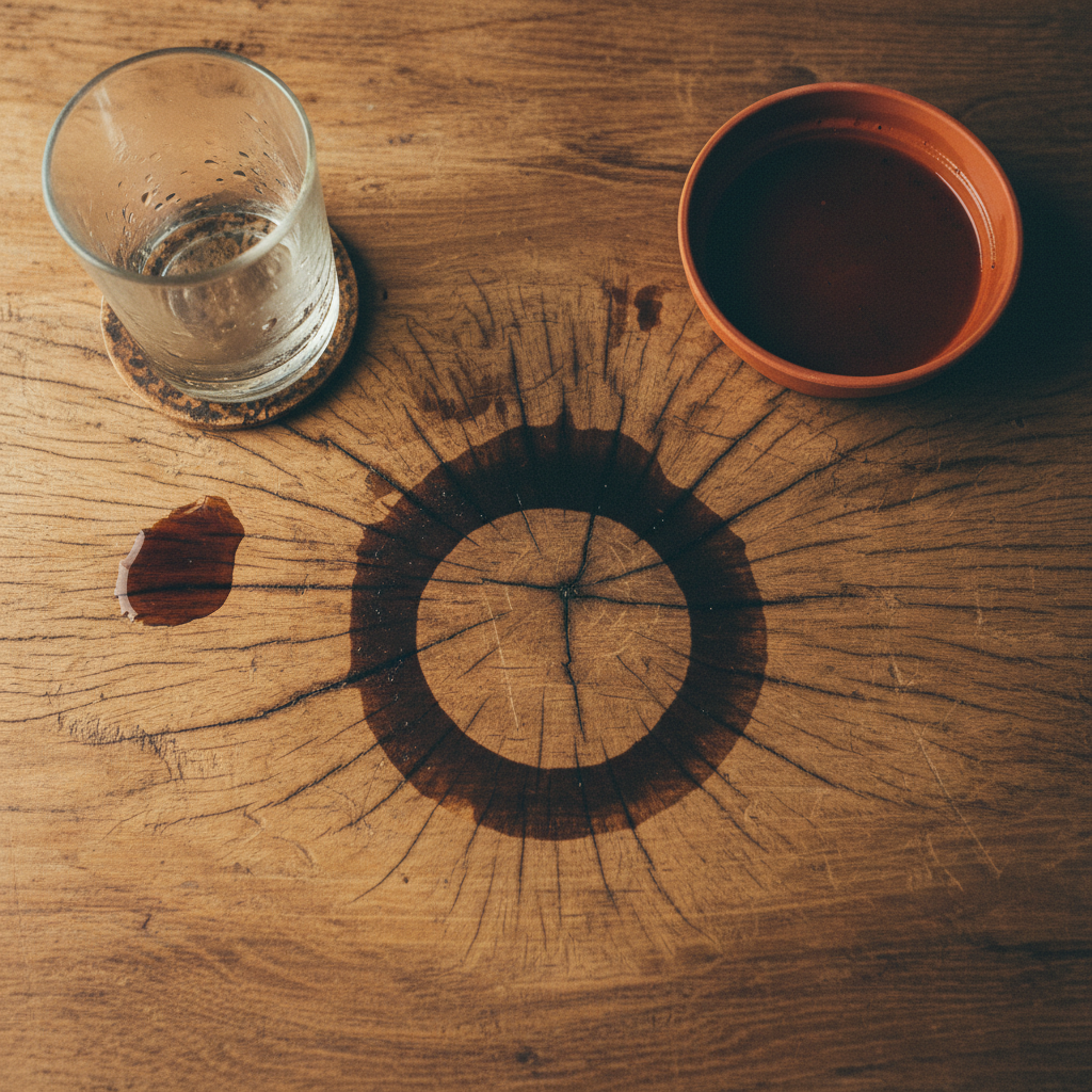 A professional, slightly warm-toned photograph capturing a rustic wooden tabletop with visible, natural grain. A prominent, dark water ring stain is clearly visible on one part of the surface. Around the stained area, subtle visual cues suggest common causes without explicitly showing the moment of spillage: a glass with a bead of condensation on its side, a small, dark liquid spill partially absorbed, and a ceramic plant pot saucer with a faint dampness underneath. The image should emphasize the contrast between the natural wood texture and the distinct dark stain.