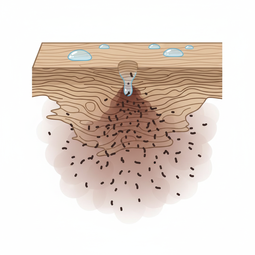 A clean, infographic-style illustration depicting a magnified cross-section of a wooden plank. The illustration should clearly show the individual wood fibers and grain structure. On the surface, several translucent water droplets are shown, with one actively penetrating the outermost layer. Deeper within the wood, small, dark elements (representing tannins) are visually reacting with the descending water, causing a localized area of dark discoloration that spreads subtly outwards from the point of water entry. The focus is on the visual explanation of water interaction with wood's internal structure.