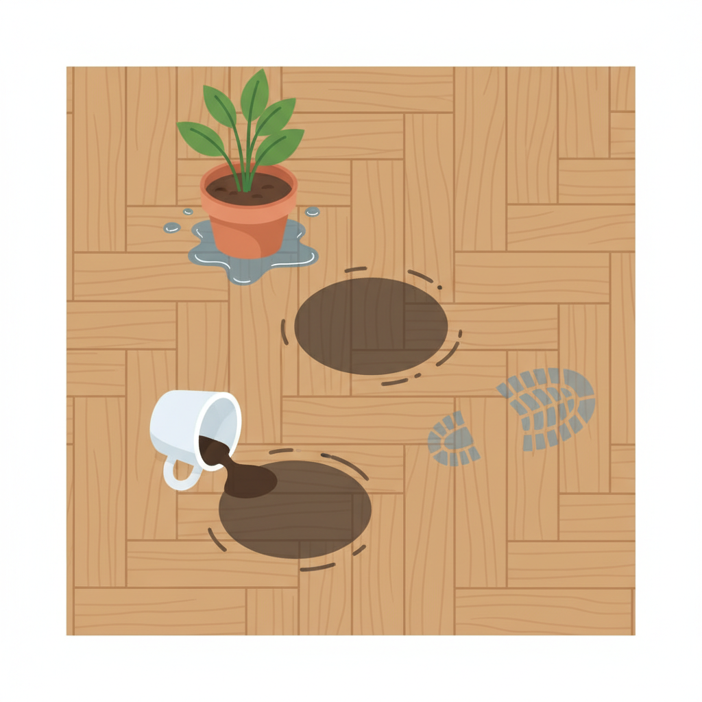 A detailed flat illustration depicting a close-up section of a wooden parquet floor. One or two distinct dark, circular water stains are prominently featured on the light brown wood planks, showing the damage. Around the stained area, subtle, illustrative elements represent common causes: a tipped-over coffee cup with a dark liquid trail leading to a stain, a plant pot with a small visible puddle beneath it, and the faint outline of a wet shoe print. The image should convey the problem visually, emphasizing the discoloration and its origins. The style should be clean, modern, and easily understandable for a blog context, focusing purely on the visual narrative.