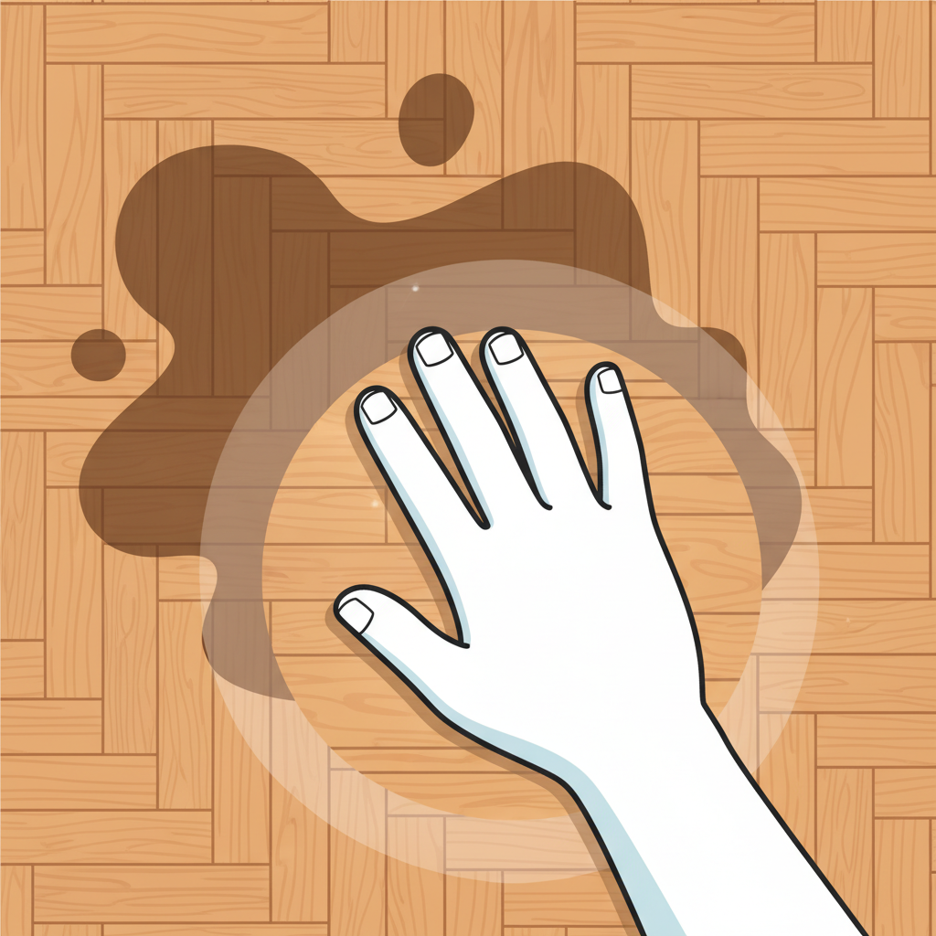 A vibrant, clean vector illustration depicting a hand (generic, non-gendered) gently interacting with a section of parquet flooring. On one side of the wooden planks, a prominent dark water stain is visible, clearly showing the discoloration. The hand is positioned over the stain, suggesting an action of treatment or cleaning. Subtly, a lighter, restored wood texture begins to emerge from beneath the hand, visually symbolizing the removal process and the return of the floor's original appearance. The overall scene should be bright and hopeful, conveying effective restoration. The style should be professional and suitable for a DIY guide.