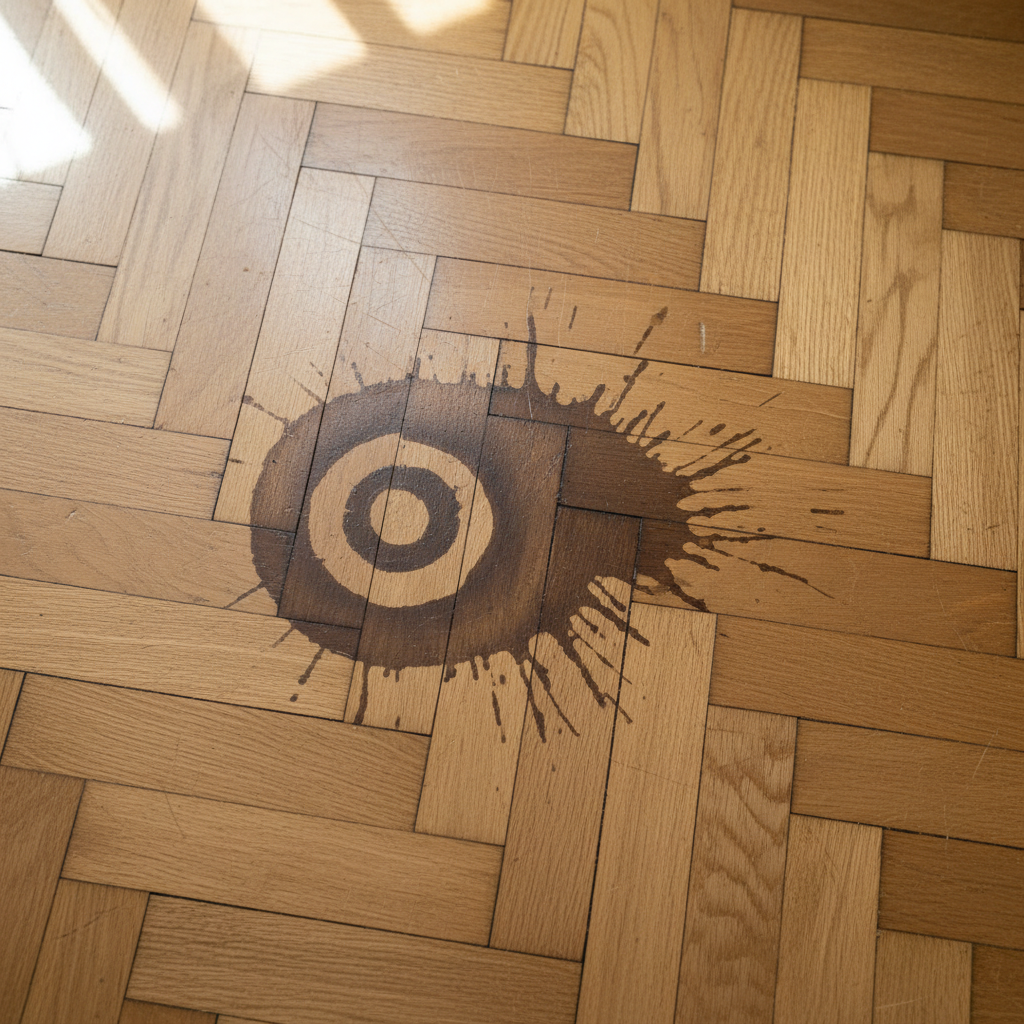 A close-up, high-angle professional photo of a distressed, light brown parquet floor. The focus is on a prominent, dark, circular water stain, clearly indicating a long-standing moisture source like a plant pot. Nearby, a more irregular, sprawling dark stain suggests a recent spill, with a subtle hint of a liquid spill pattern. The wood grain around the stains shows slight distortion or swelling. The overall mood conveys the damage and the need for restoration, emphasizing the visual impact of the stains on an otherwise elegant floor. The lighting is natural and highlights the contrast between the healthy wood and the dark spots.