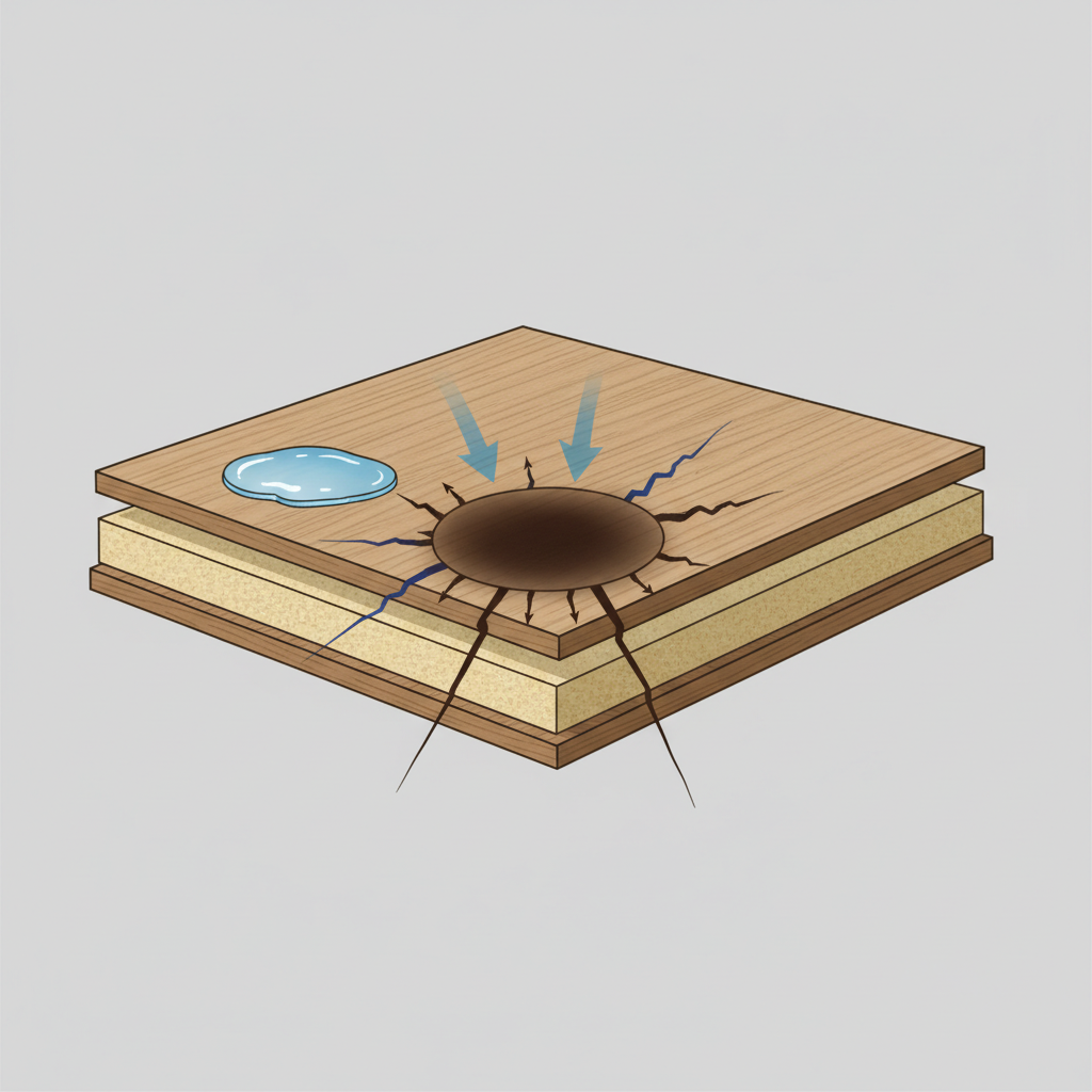 A detailed, infographic-style illustration depicting a magnified cross-section of a parquet wood plank. The top surface shows a small pool of water. Arrows or visual cues show the water penetrating into the wood fibers and reacting with internal components. The affected area within the wood shows a clear visual transformation from the natural wood color to a significantly darker, oxidized hue, illustrating the chemical process of discoloration. The background is clean and simple, focusing solely on the internal process. Use clear, distinct layers and a clean color palette for scientific clarity.