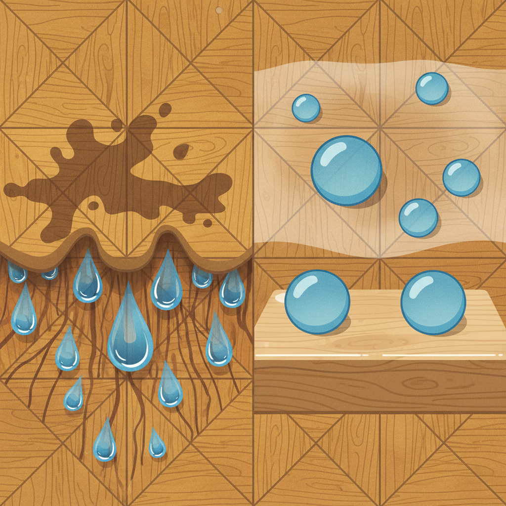 A detailed illustration depicting a close-up section of an oiled parquet floor with distinct, dark water stains. One side of the image metaphorically shows a cross-section of oiled wood, with water droplets visibly seeping deep into the wood grain, emphasizing its porous nature. The other side, contrasting, shows a cross-section of lacquered wood, where water droplets bead up on a smooth, protective surface, unable to penetrate. The parquet should have visible wood grain and a natural, warm tone. The overall style should be a clear, informative flat illustration with a slightly textured finish, suitable for explaining a technical concept visually.
