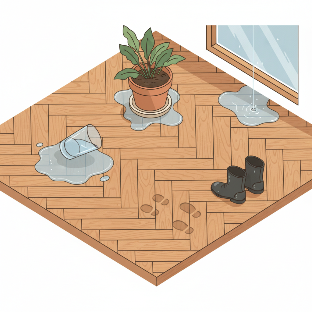 A vibrant, slightly elevated perspective illustration showcasing a clean, warm-toned oiled parquet floor. Scattered across the floor are various elements representing common causes of water stains. These include a tipped-over glass with a small puddle, a potted plant on a saucer with water overflowing slightly, a pair of wet shoes leaving faint marks, and a subtle condensation drip from a nearby window. The focus is on the interaction of these liquid sources with the wooden floor. The style should be a modern, clean isometric illustration, inviting yet clearly highlighting potential household hazards for parquet.