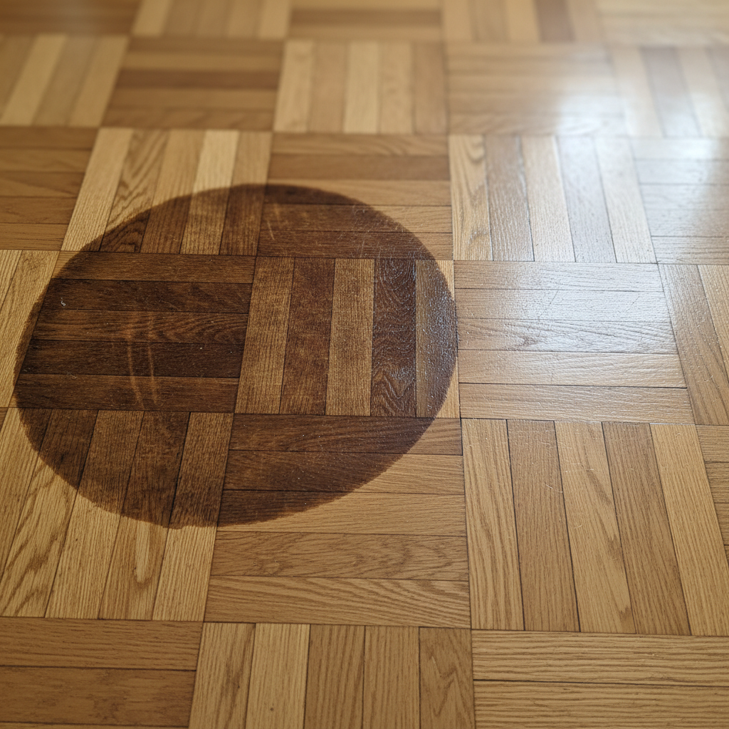 A close-up, slightly elevated professional photo of an oiled parquet floor. One section prominently features a dark, circular water stain, clearly showing the damage and discoloration on the wood grain. Adjacent to it, another section of the parquet is perfectly clean, shiny, and reflects light beautifully, showcasing the pristine condition. The wood has a warm, natural tone, and the contrast between the stained and clean areas is stark, visually representing the problem addressed in the article. Shallow depth of field to emphasize the floor.