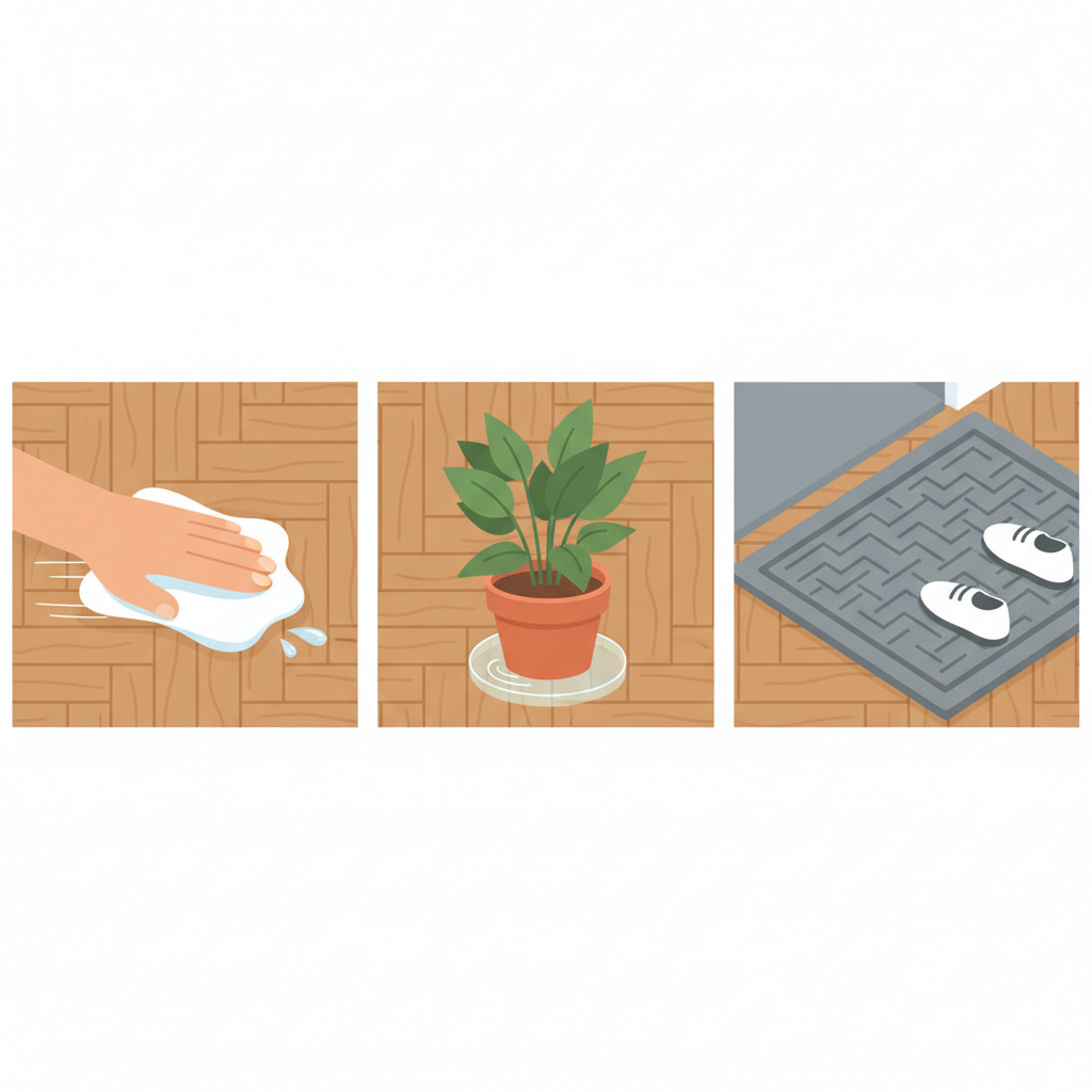 A multi-panel flat illustration depicting preventative measures against water stains on parquet. One panel shows a hand quickly wiping a spilled clear liquid from the parquet with a soft, dry cloth. Another panel illustrates a potted plant resting on a discreet coaster on the floor. A third panel shows a clean, absorbent doormat positioned at an entryway leading onto the parquet. The overall aesthetic is bright, clean, and emphasizes proactive care for the wood floor, using a friendly, instructional style.