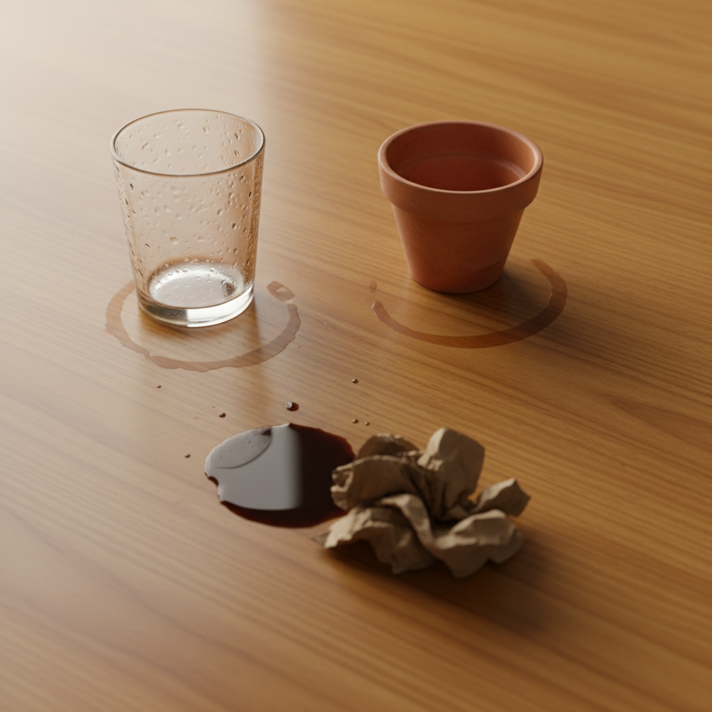 A professional, close-up photo of a beautifully finished, warm-toned wooden tabletop. Various objects are subtly arranged to illustrate common causes of dark water stains. A clear glass tumbler with visible condensation has left a distinct dark ring stain. Nearby, a terracotta plant pot has a damp bottom edge, causing a subtle, darker water mark on the wood. A small splash of dark liquid, perhaps coffee, is shown adjacent to a spill mark, demonstrating how liquids penetrate. The overall scene is clean and visually appealing, despite the depicted stains, highlighting the problem visually.