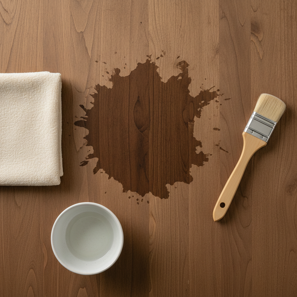 A clean, professional flat lay photograph from an overhead perspective, focusing on a section of a wooden surface with a prominent, dark water stain. Neatly arranged around the stain are the essential preparation tools: a soft, light-colored microfiber cloth, a small ceramic bowl (empty or with a clear, generic liquid), and a delicate, soft-bristled brush. The wood grain is clearly visible, showing the contrast between the damaged area and the clean surrounding finish. The lighting is bright and even, giving a sense of readiness and methodical approach to problem-solving.