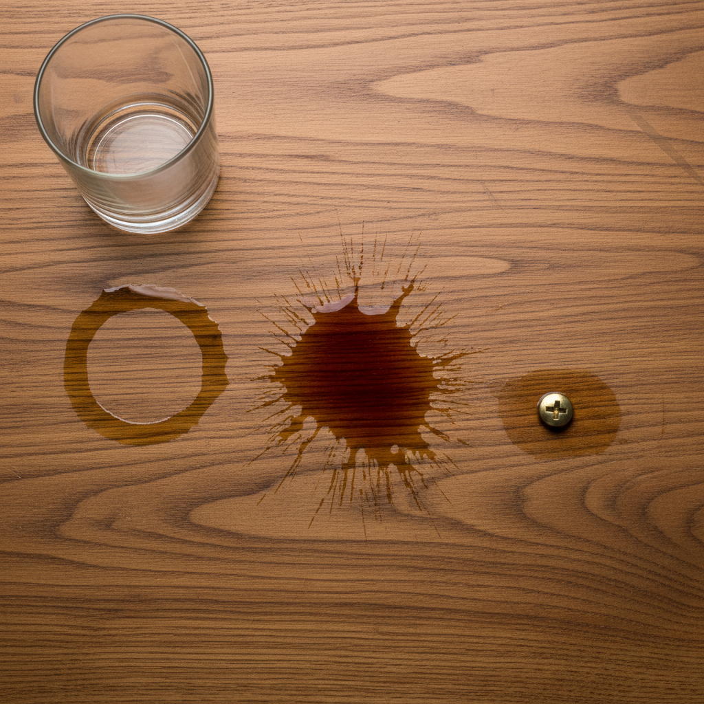 A close-up, top-down view of a warm, natural wooden table surface. On the left, a cold glass is leaving a distinct dark condensation ring. In the center, a small, dark liquid spill (like coffee) has created a spreading dark water stain. Towards the right, a small metal object (e.g., a decorative foot or a screw head) rests on a slightly damp patch, causing a smaller dark discoloration. The rich wood grain should be visible, emphasizing the damage. Professional photo style.